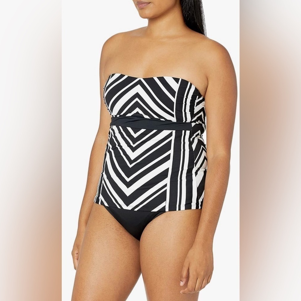 NEW La Blanca Women’s Bandeau Tankini Swimsuit Top Black & White Sz 8